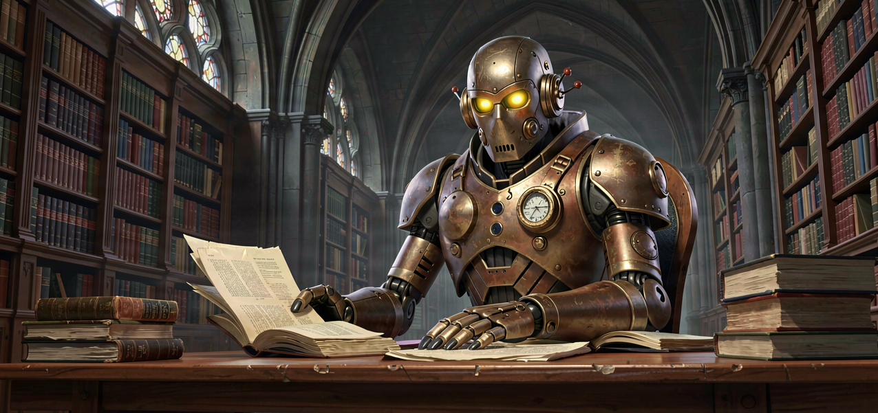 robot sitting in a old library