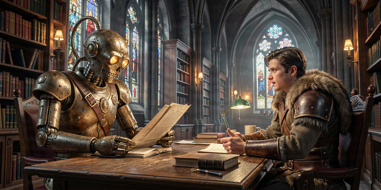 robot sitting in a old library